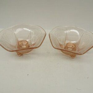 Hazel Atlas Depression Glass Pink ROYAL LACE Rolled Edge Candle Holders, Pair